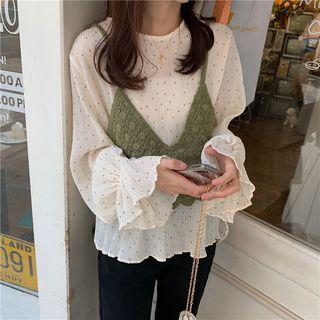V-neck Knitted Camisole Top / Dotted Long-sleeve Chiffon Top