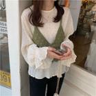 V-neck Knitted Camisole Top / Dotted Long-sleeve Chiffon Top