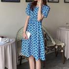 Floral Puff-sleeve Tie-back A-line Dress