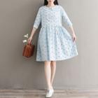 Floral Print Elbow Sleeve Collared Dress