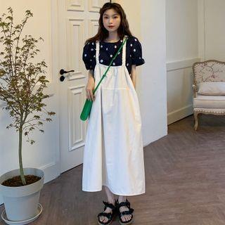 Short-sleeve Dotted Blouse / Midi A-line Overall Dress