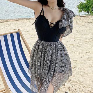 Lace-up Sequined Bow Swimdress