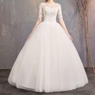 Elbow-sleeve Embroidered A-line Wedding Gown / Set