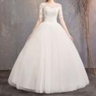 Elbow-sleeve Embroidered A-line Wedding Gown / Set
