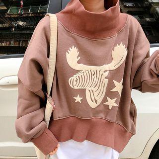 Mock Neck Deer Patterned Boxy Sweatshirt