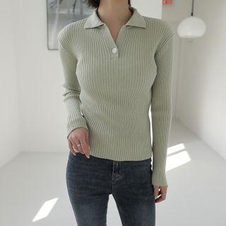 Collared Button-detail Ribbed Knit Top