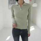Collared Button-detail Ribbed Knit Top