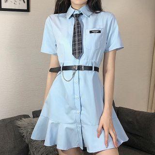 Short-sleeve Ruffle Hem Belted Mini Shirtdress