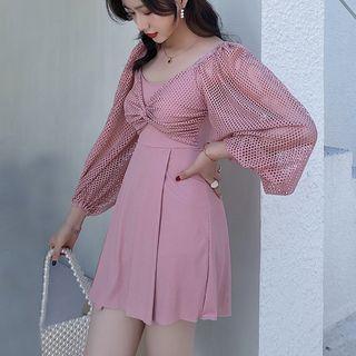 Mesh-sleeve Twisted Swimdress