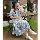 Short-sleeve Flower Print Midi Collared Dress Blue Print - White - One Size