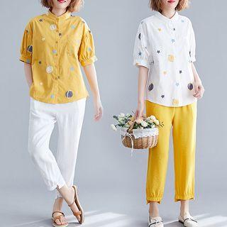Set : Print Short-sleeve Shirt + Cropped Pants