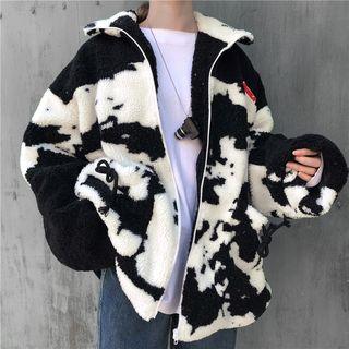 Faux Shearling Cow Print Zip Jacket