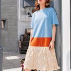 Elbow-sleeve Crinkled Paneled Midi T-shirt Dress