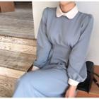 Long-sleeve Collared A-line Midi Dress Blue - One Size