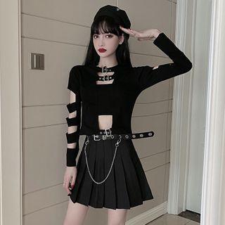 Cut Out Long-sleeve T-shirt / Pleated Skirt / Set