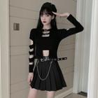 Cut Out Long-sleeve T-shirt / Pleated Skirt / Set