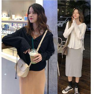Hooded Long-sleeve T-shirt / Back Slit Midi Tank Dress