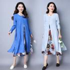 Long-sleeve Floral Mock Two Piece Midi Dress