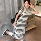 Short-sleeve Striped Ribbed Midi A-line Polo Knit Dress Stripe - Almond & Black - One Size
