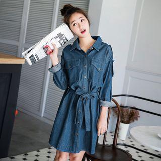 Long-sleeve Tie Waist Denim Dress