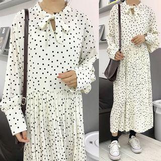 Polka Dot Long-sleeve Tie-neck Midi Dress