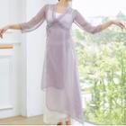 Long-sleeve Wrap Long Top / Wide-leg Pants