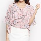 Elbow-sleeve Tie-front Frilled Floral Top