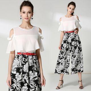 Cutout Shoulder Floral Panel Jumpsuit