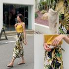 Set: Sleeveless Top + Foliage Long Wrap Skirt + Crochet Bag One Size
