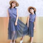 Family Matching Set: Button Detail Sleeveless Dress + Mesh Midi Skirt