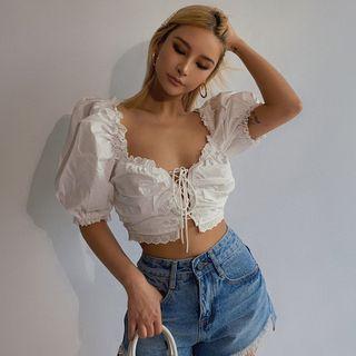 Wide-neck Lace-up Crop Top