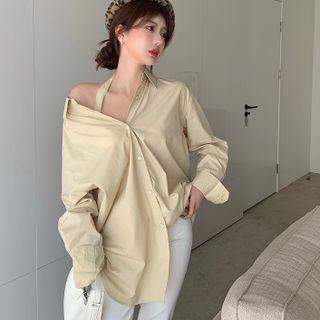 Long-sleeve Plain Loose-fit Halter Shirt