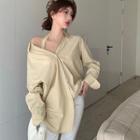 Long-sleeve Plain Loose-fit Halter Shirt