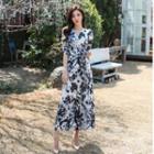Flower Print Elbow-sleeve Slit Maxi A-line Dress