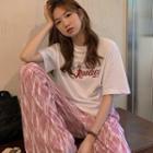 Short-sleeve Lettering Slit T-shirt / Tie-dye Wide Leg Pants