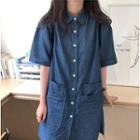 Short-sleeve Buttoned Denim Shirt Dress Denim Blue - One Size
