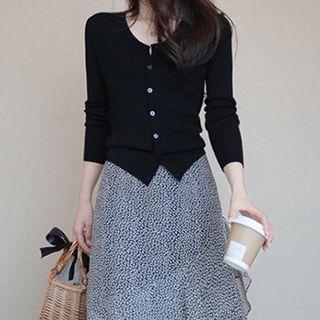 Set: Cardigan + Floral Print Midi A-line Skirt