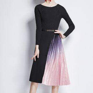 Pleated Hem Panel Long-sleeve Knit Dress