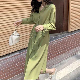 Long-sleeve Open-collar Tie-waist Midi A-line Shirtdress