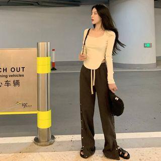 Long-sleeve Plain Top / Side Button-up Wide Leg Pants
