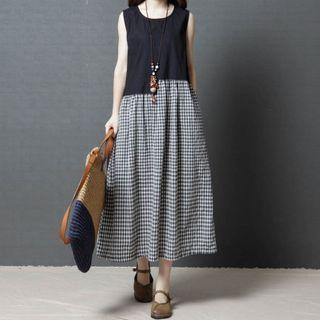 Plaid Panel Sleeveless Maxi A-line Dress