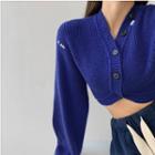 Bubble-sleeve Button-up Knit Crop Top