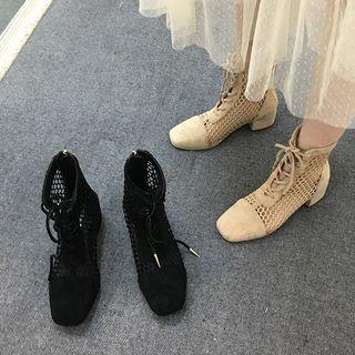 Chunky Heel Lace Up Mesh Panel Short Boots