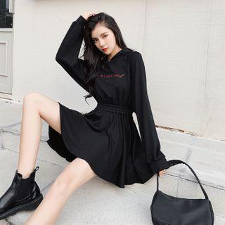 Letter Embroidered Hooded Long-sleeve Mini A-line Dress