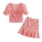 Butterfly Print Short-sleeve Blouse / Mini A-line Skirt / Set