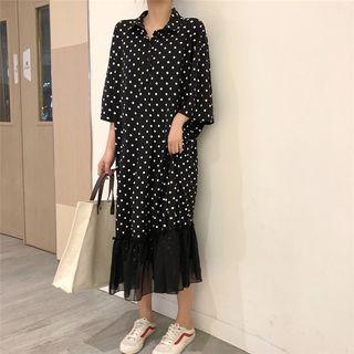 3/4-sleeve Dotted Midi Dress Black - One Size