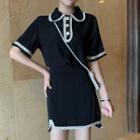 Short-sleeve Lace Trim Polo Shirt + Slit Midi Skirt