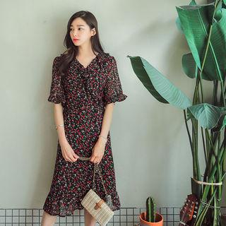 V-neck Frilled Floral Chiffon Dress