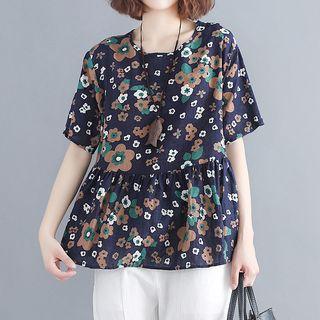 Elbow-sleeve All Over Print Chiffon T-shirt