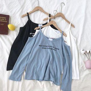 Lettering Printed V-neck Off-shoulder Long-sleeve Top